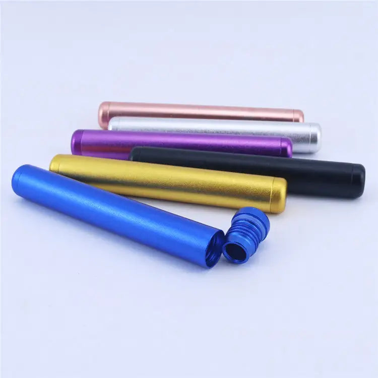 A collection of cylindrical aluminum tubes in various colors including blue, gold, black, purple, silver, and rose gold, with one blue tube open to show its threaded cap.