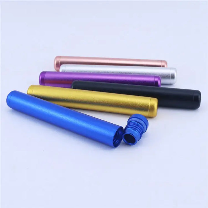 A collection of cylindrical aluminum tubes in various colors including blue, gold, black, purple, silver, and rose gold, with one blue tube open to show its threaded cap.
