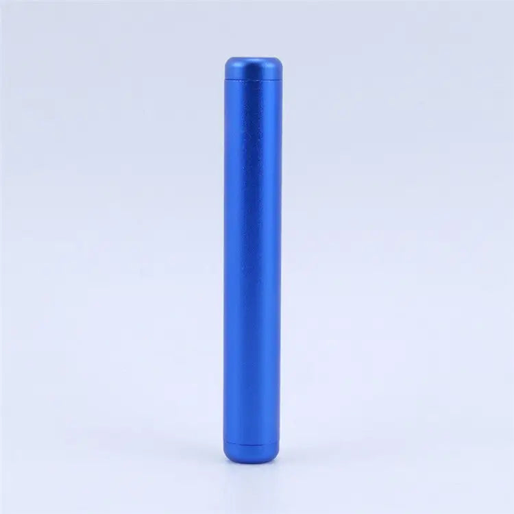 A tall, slender, bright blue aluminum tube standing upright on a plain white background, designed for travel storage.