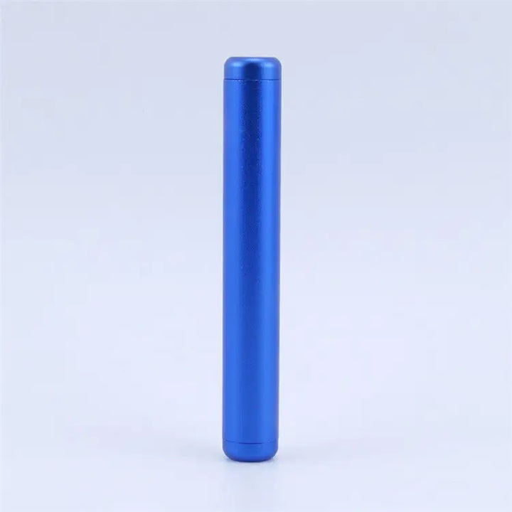 A tall, slender, bright blue aluminum tube standing upright on a plain white background, designed for travel storage.