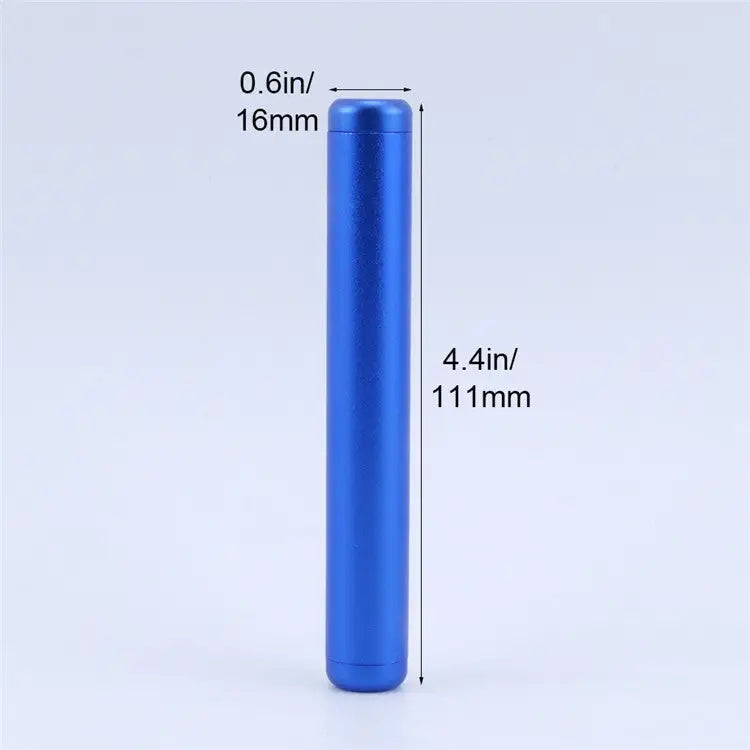 Close-up view of a blue cylindrical aluminum tube, shown with its length of 4.4 inches (111mm) and diameter of 0.6 inches (16mm) indicated by measurement lines.