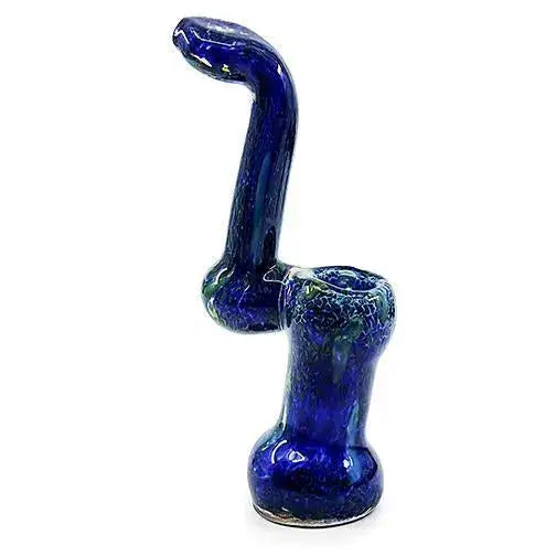 A vibrant blue glass bubbler with a curved neck and a round base, featuring a speckled frit pattern in blue and green.