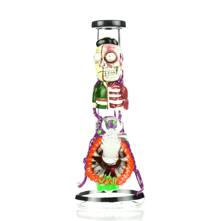 Glass water pipe featuring a cartoon character design, half-human, half-skeleton, with a monster mouth base and clear glass accents.
