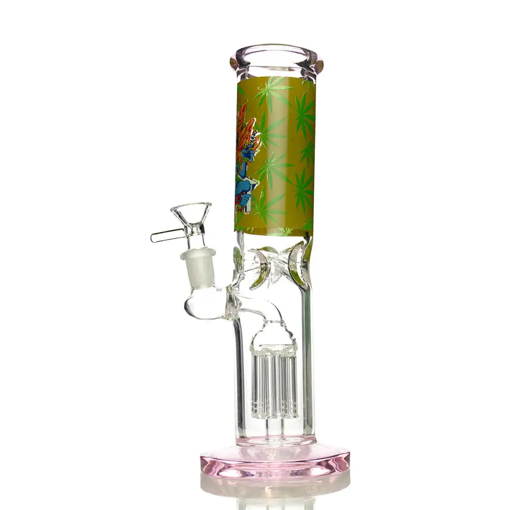 A clear glass straight tube water pipe with a green band featuring cannabis leaves and an Aztec-inspired figure, a tree percolator, and a pink base, shown against a white background.