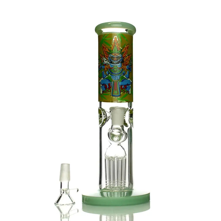 A clear glass straight tube water pipe with a light green base and mouthpiece, featuring a colorful Aztec-inspired decal.