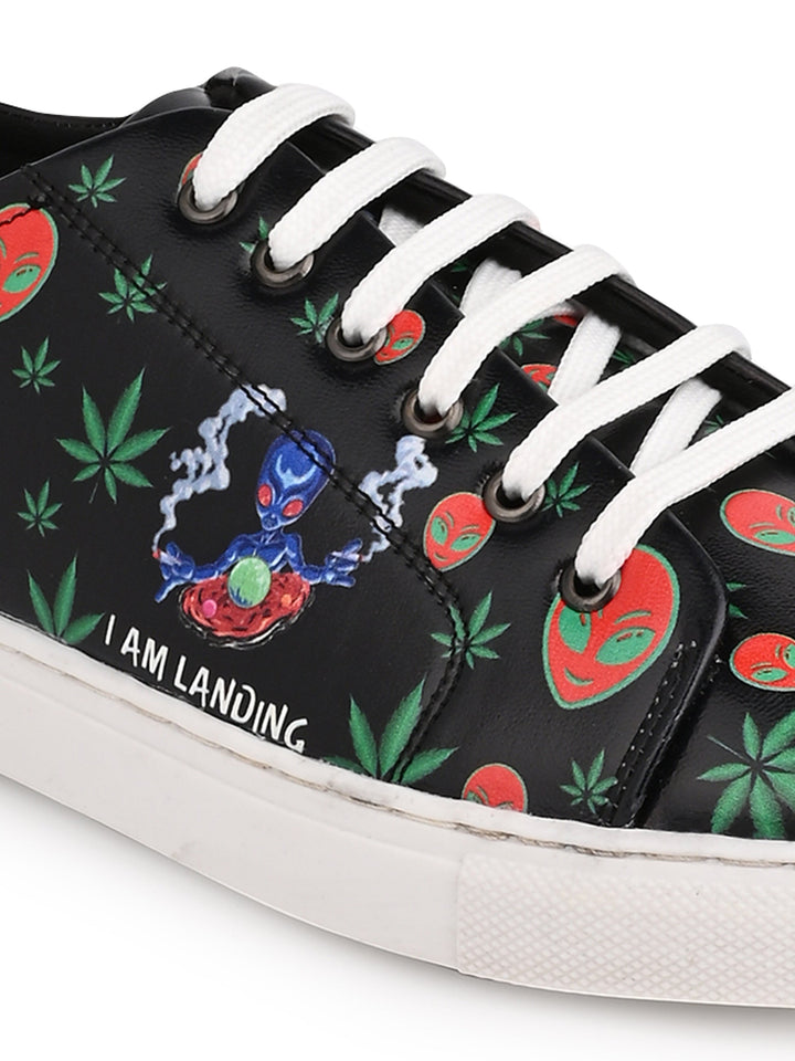 Botanical Pattern Deep Black Vegan Leather Shoes