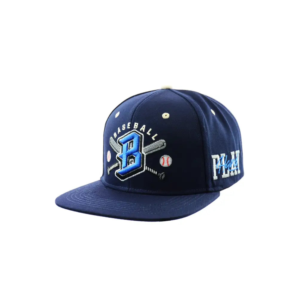 Close-up view of a navy blue baseball cap, showing the embroidered 'B' logo with 'BASEBALL' text and crossed bats, and 'PLAY' text on the side.