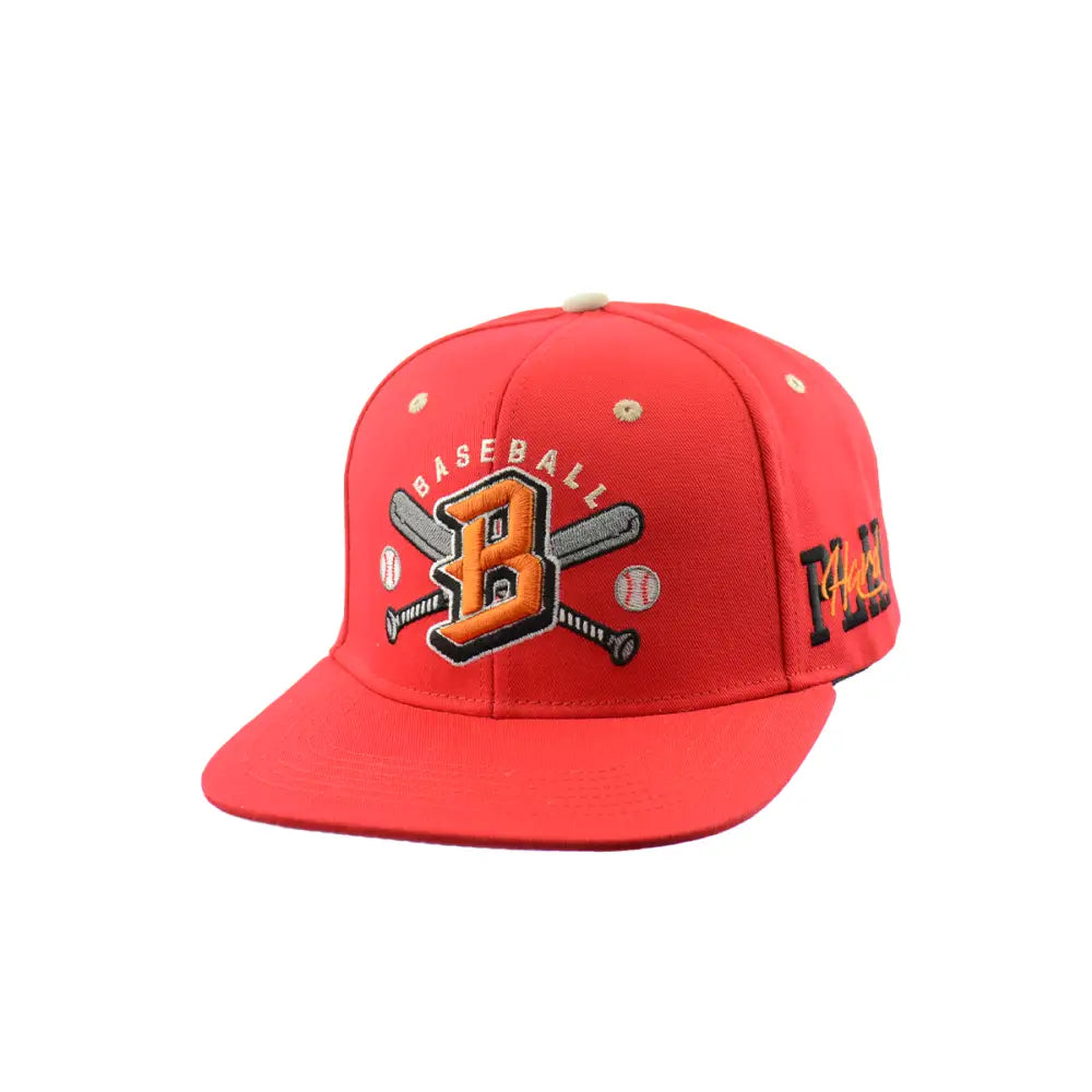 A vibrant red baseball cap with a flat brim, featuring embroidered orange and black letters spelling 'BASEBALL' above a large 'B' with crossed baseball bats and two baseballs. The side of the cap also has embroidered text.