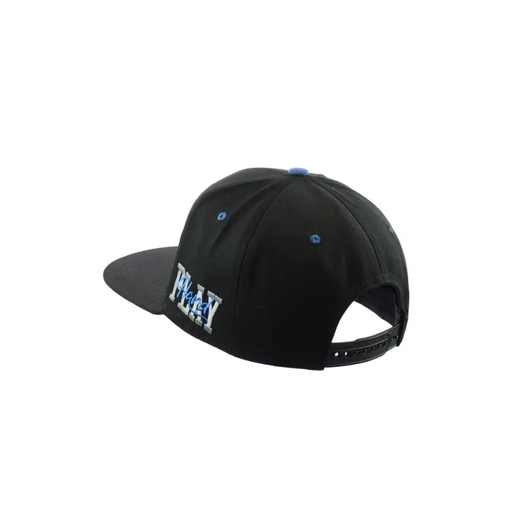Rear-side view of a black baseball cap with a flat brim, featuring 'PLAY' embroidered in white and blue on the side, and a black snapback closure.