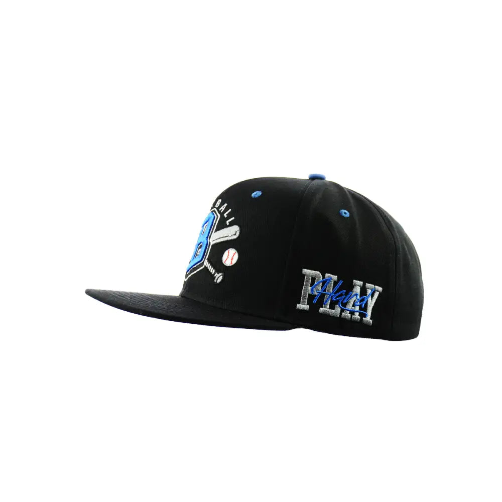 Side view of a black baseball cap with a flat brim, featuring light blue and white embroidered baseball-themed graphics and the word 'PLAY' with 'Hard' underneath.