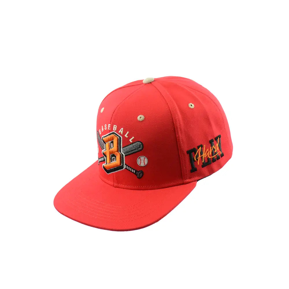 Red baseball cap with a prominent 'B' logo, crossed baseball bats, and 'BASEBALL' text embroidered on the front, and 'Play Hard' embroidered on the side.