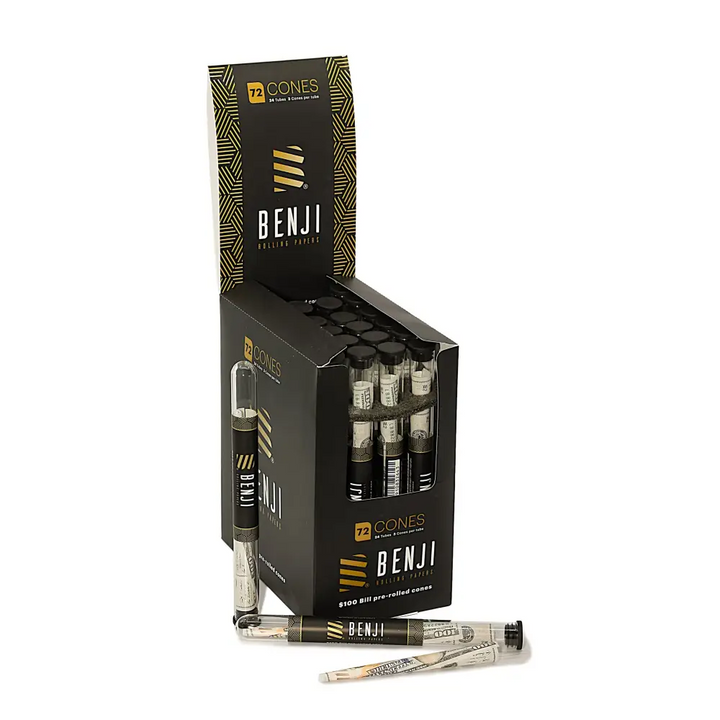 A display box of Benji pre-rolled cones, each cone featuring a hundred-dollar bill print, with several individual cones shown outside the box.