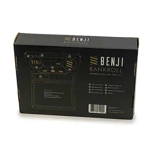 Close-up of a black cardboard box for a Benji Bankroll Bamboo Rolling Tray Kit, displaying product contents and branding.