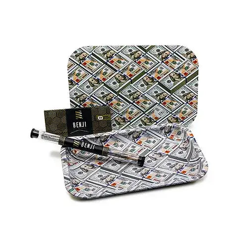 A kit featuring a rectangular rolling tray and a smaller rectangular box, both adorned with a pattern of hundred-dollar bills. A clear cylindrical tube with a black cap and 'BENJI' logo is placed on the tray.