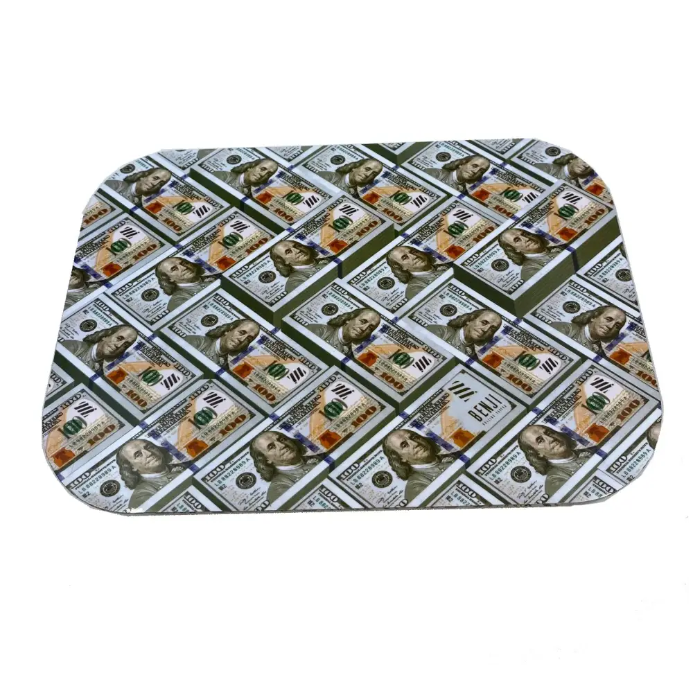 Top-down view of a rectangular rolling tray with rounded corners, featuring a repeating pattern of stacked hundred-dollar bills, with 'BENJI' visible on some stacks.