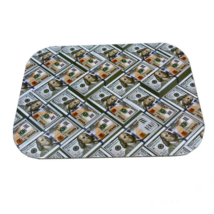 Top-down view of a rectangular rolling tray with rounded corners, featuring a repeating pattern of stacked hundred-dollar bills, with 'BENJI' visible on some stacks.