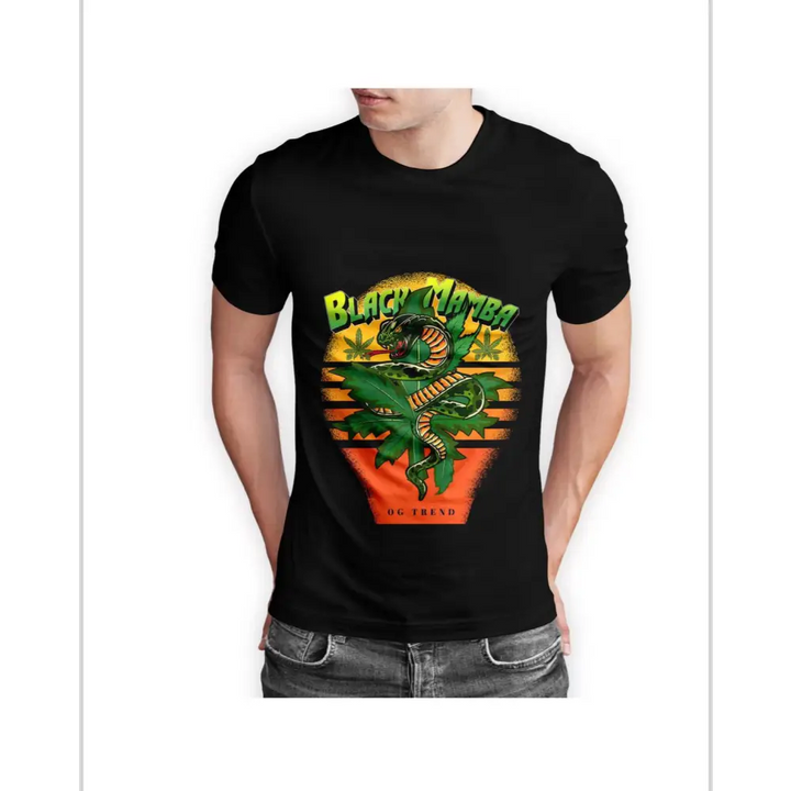 A person wearing a black short-sleeve t-shirt featuring a graphic design of a green snake coiled around cannabis leaves against a sunset-like circle background, with 'Black Mamba' text.