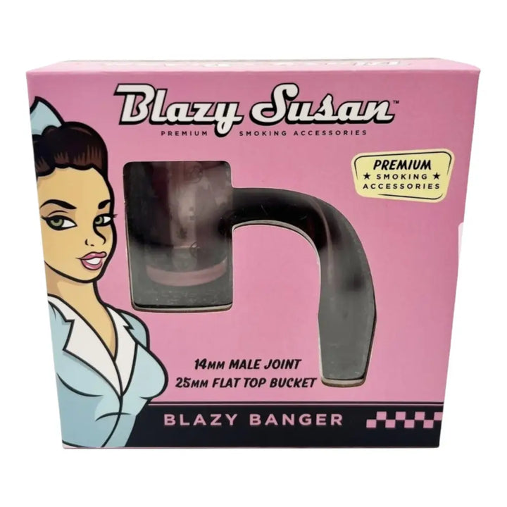 Pink and black box for a Blazy Susan banger, featuring a retro-style woman illustration and text detailing a 14mm male joint and 25mm flat top bucket.