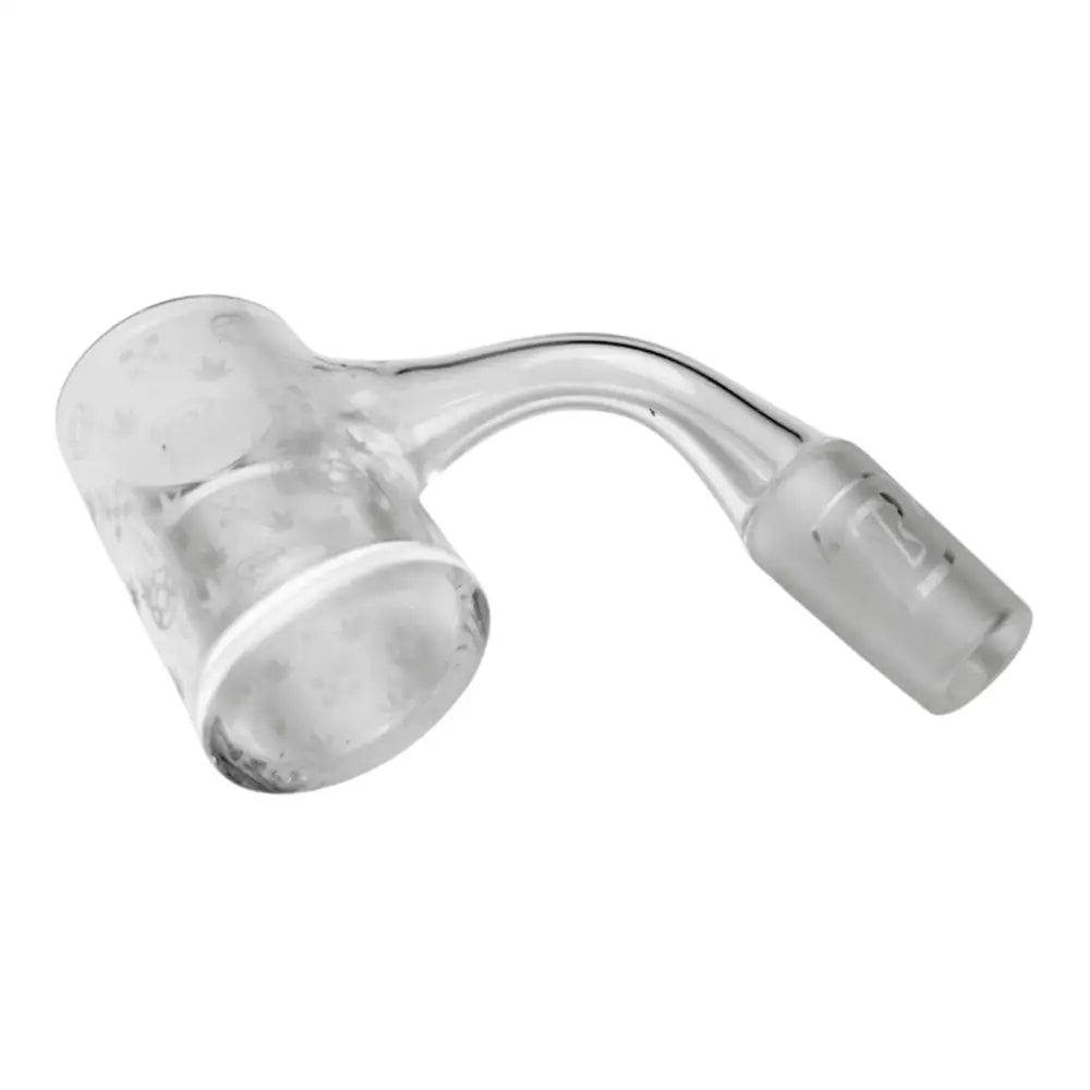 Close-up view of a clear glass banger, showing its bucket-shaped bowl, curved neck, and frosted 14mm male joint.