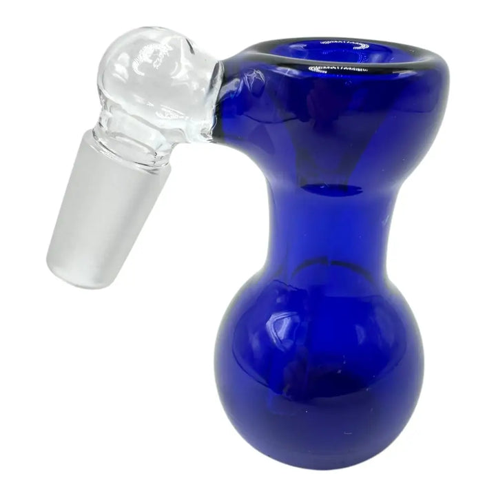 A blue glass ash catcher bowl with a clear frosted male joint angled to the left, shown against a white background.