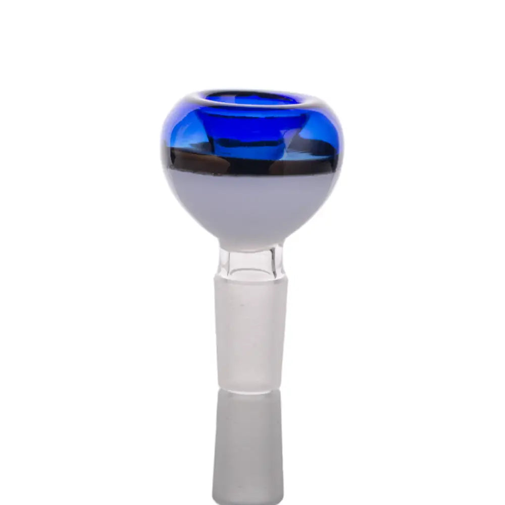Close-up view of a two-tone glass bowl, featuring a vibrant blue top half and a frosted white bottom half, with a clear glass male joint connector at the bottom.