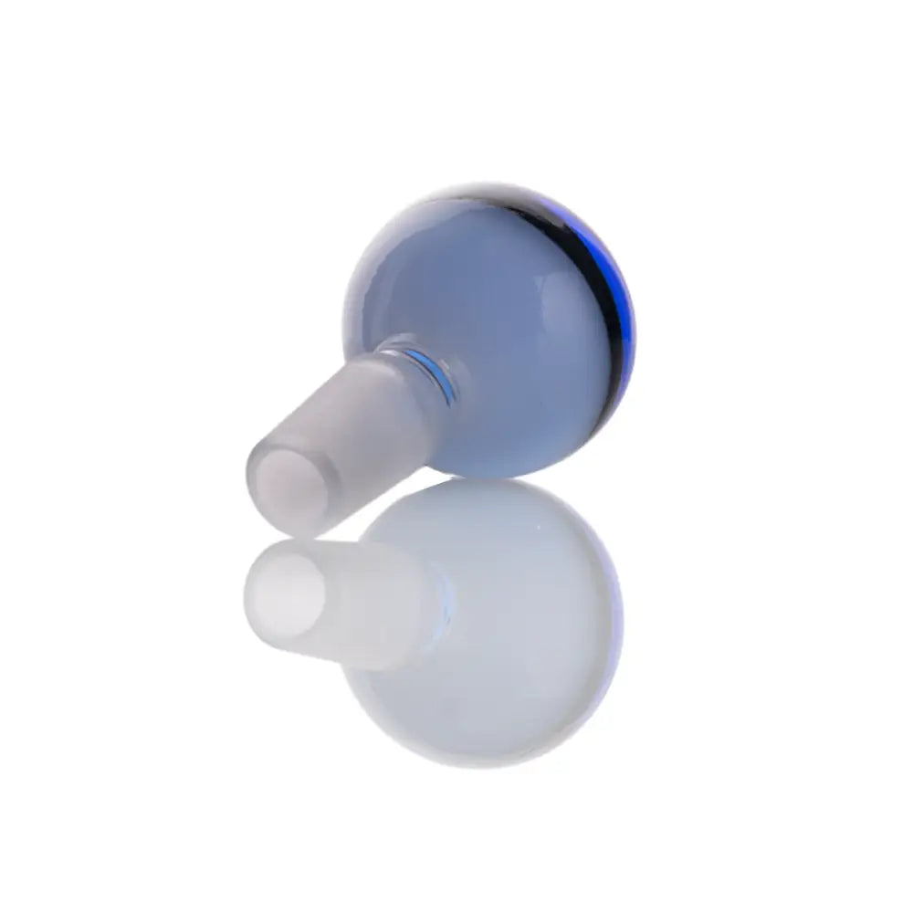 Close-up of a blue spherical glass bowl with a black stripe, featuring a frosted 14mm joint, reflecting on a white surface.