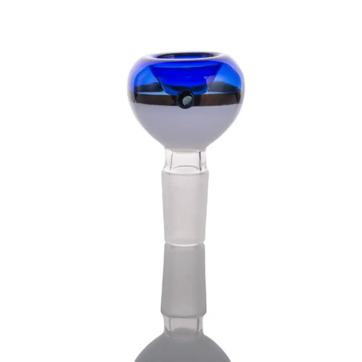 A spherical glass bowl with a vibrant blue top half and a frosted white bottom half, resembling a Poké Ball, featuring a clear glass male joint at its base.