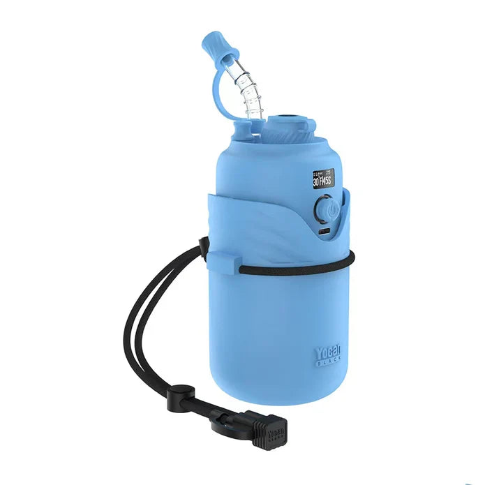 Three colorful, translucent glass pipes shaped like balloons, in blue, yellow, and pink, displayed on a white background.