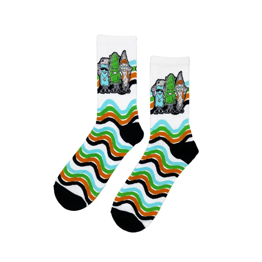 Pair of white crew socks featuring cartoon characters of a lighter, a cannabis bud, and a rolled joint, with wavy stripes below.