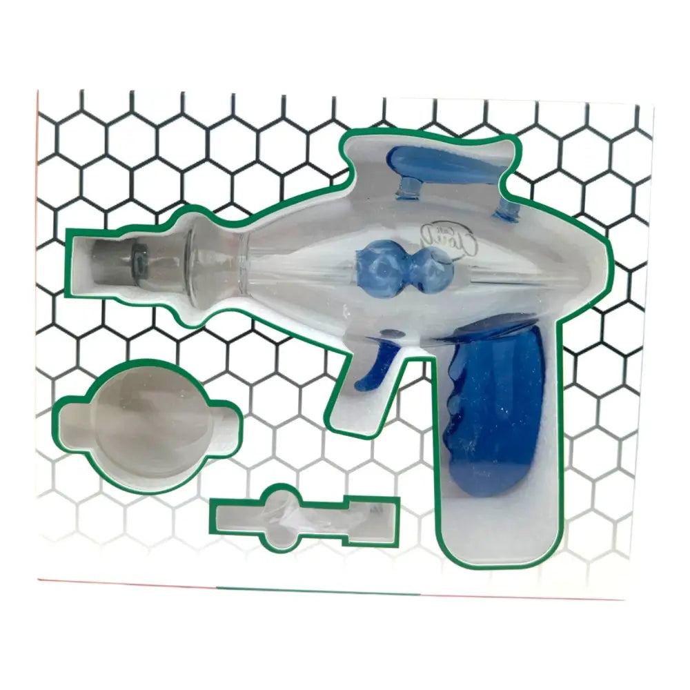 Clear plastic packaging for a nectar collector shaped like a blue and clear ray gun, displayed against a white background with a black honeycomb pattern.