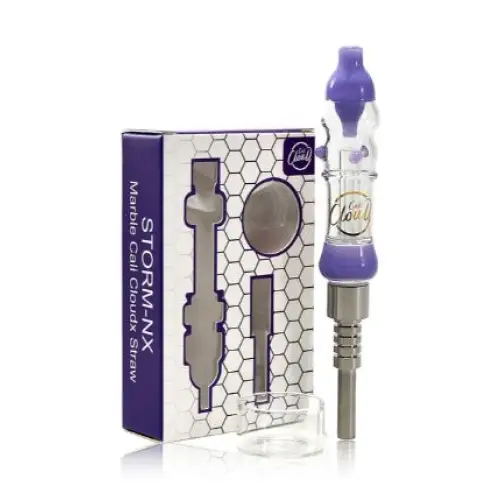 A purple and clear glass nectar collector with a metal tip, displayed next to its white and purple retail packaging box, and a small clear glass dish.