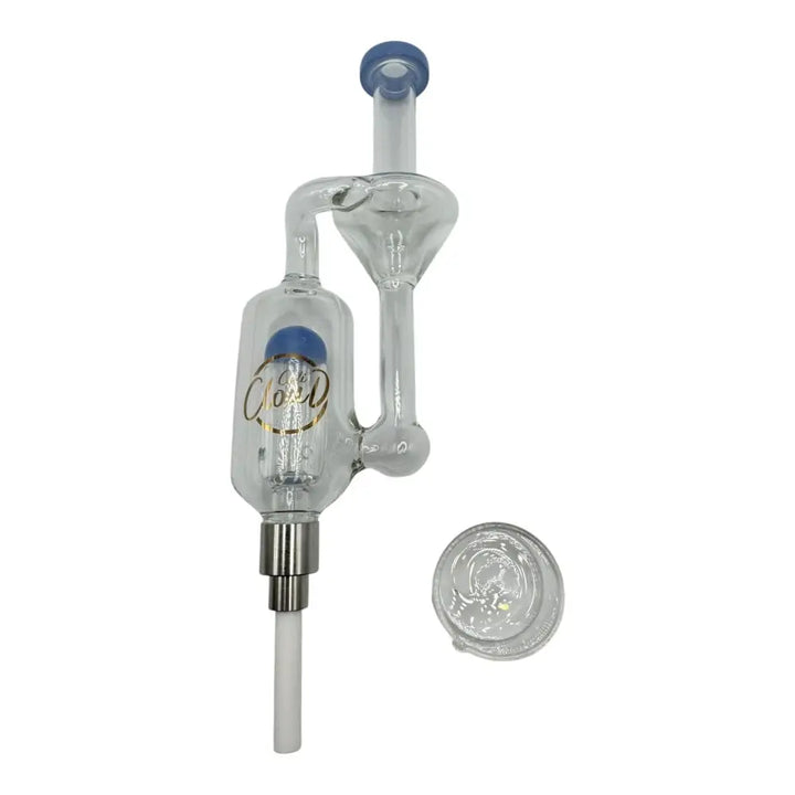 Full product shot of a clear glass mini nectar collector with blue accents and a gold 'Cali Cloud' logo, shown alongside a small clear glass concentrate dish, all against a white background.
