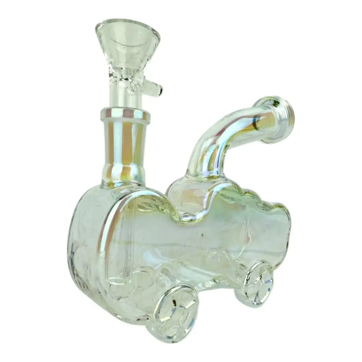 Clear iridescent glass water pipe shaped like a train, featuring a bowl piece on top of the 'smokestack' and a mouthpiece extending from the 'cab' of the train.