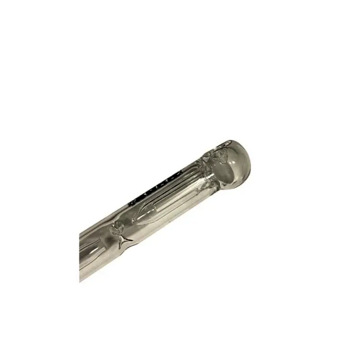 Close-up detail shot of the clear glass end of a spoon bubbler hybrid, showing internal glass structures and a star-shaped indentation.