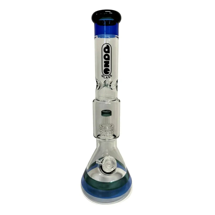 A clear glass water pipe with a beaker base and straight tube neck, featuring blue and green stripes around the base and a blue mouthpiece, with a percolator visible inside.