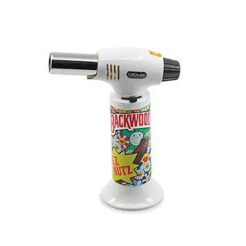 A white and colorful butane torch lighter with 'Backwood' and 'Deez Nutz' branding, featuring cartoon characters and flowers, standing upright on a white background.