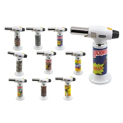 A collection of ten white and silver torch lighters with various colorful brand-themed labels on their fuel tanks, displayed against a white background.
