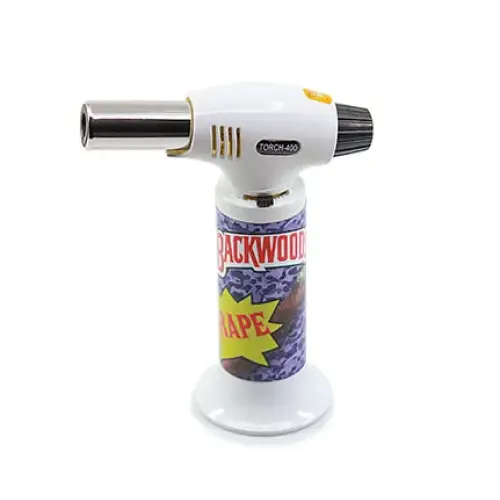 White and purple butane torch lighter with a 'Backwood Grape' label on the fuel canister, featuring a cartoonish splattered design.