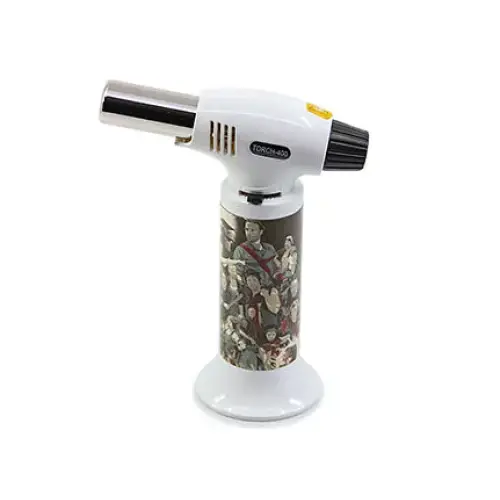 A white and silver butane torch lighter with a cylindrical base featuring a detailed graphic wrap of multiple figures, viewed from a slightly elevated angle against a white background.