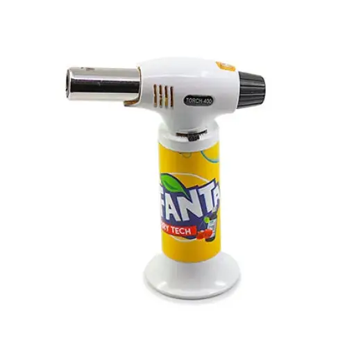 A white and yellow torch lighter with a Fanta-inspired logo on its body, standing upright against a white background.