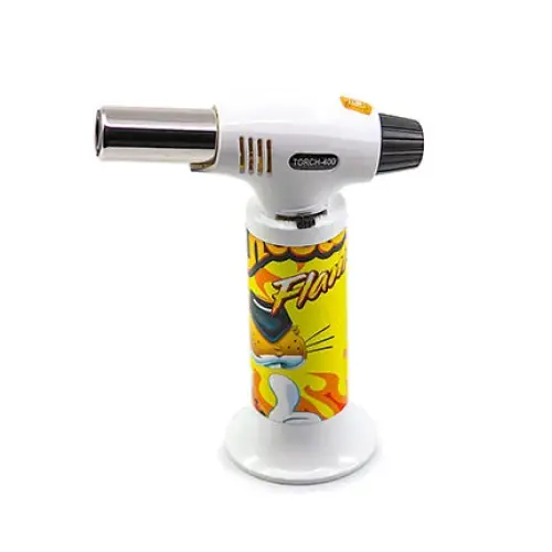 White and yellow torch lighter with a cartoon cheetah character and flame graphics on the body, standing upright on a white background.