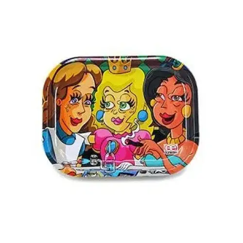 A rectangular metal rolling tray with rounded corners, featuring a vibrant cartoon illustration of three female characters resembling Alice, Princess Peach, and Princess Jasmine, sitting around a table with smoking accessories.