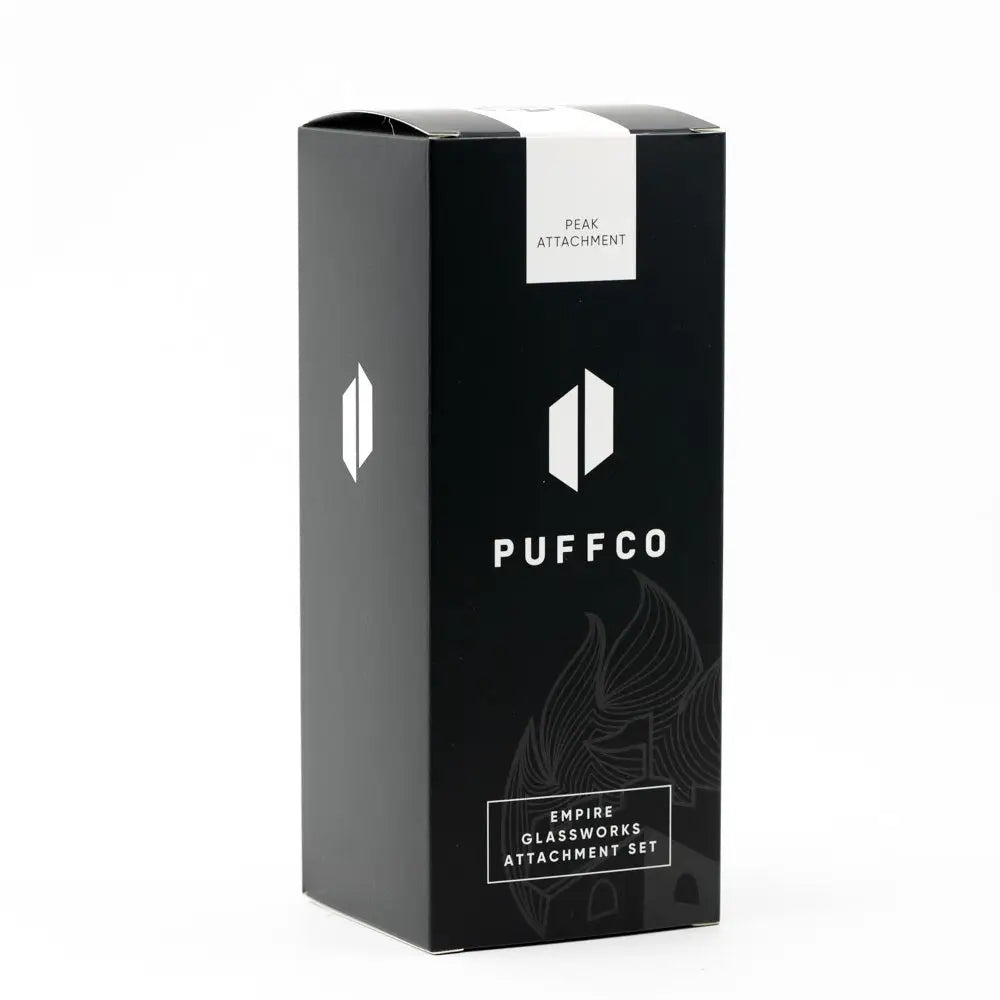 Black rectangular box packaging for a Puffco Peak Attachment set, featuring white text and logos, against a plain white background.