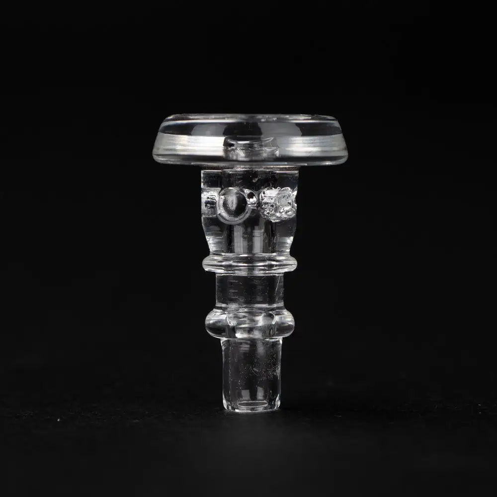 Close-up, front view of a clear glass accessory, likely a cap, featuring a flat circular top and a cylindrical stem with decorative ridges, against a dark background.
