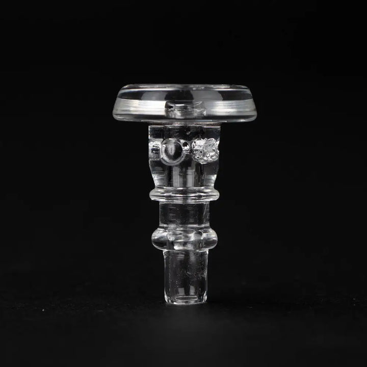 Close-up, front view of a clear glass accessory, likely a cap, featuring a flat circular top and a cylindrical stem with decorative ridges, against a dark background.