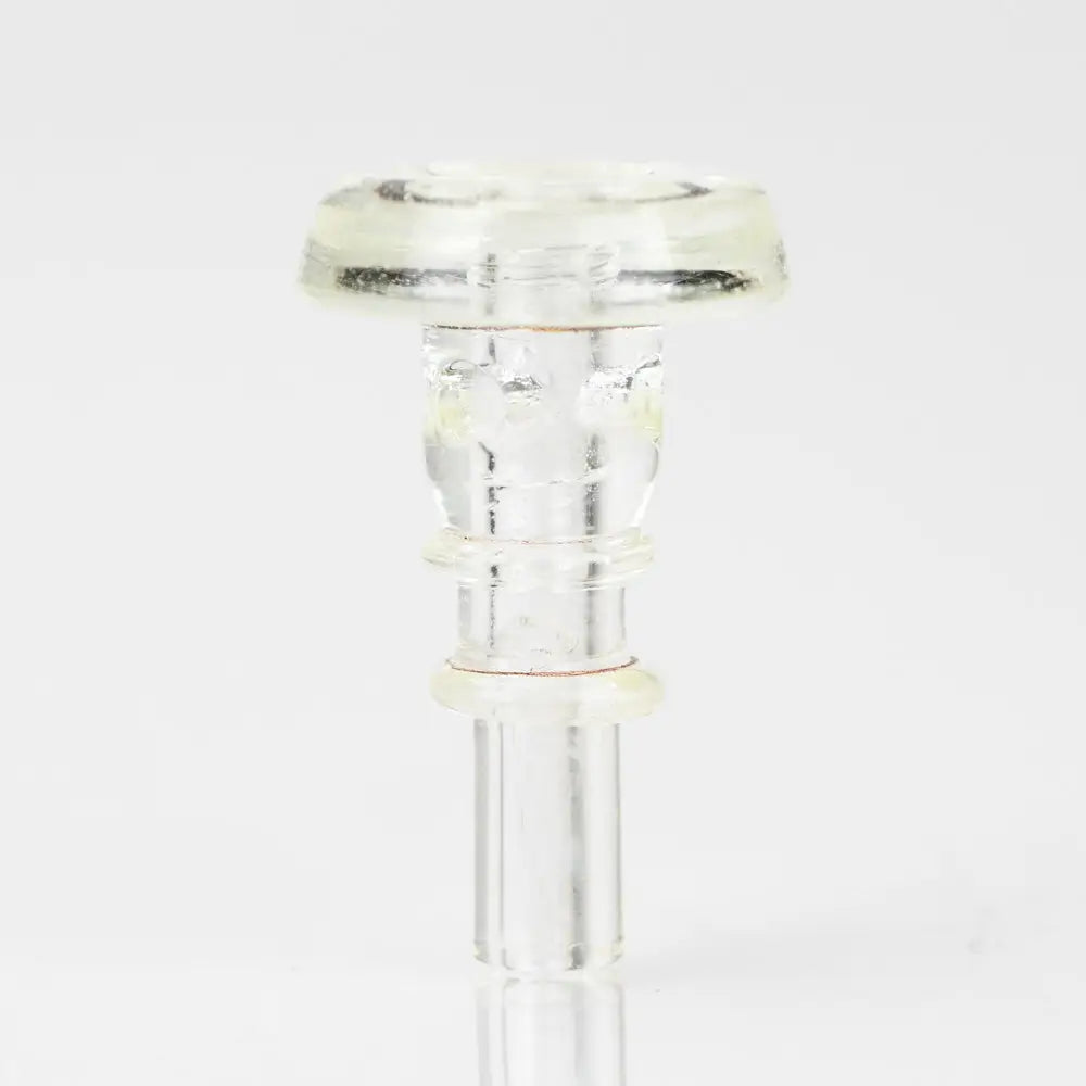 Close-up studio shot of a clear glass accessory with a flat, circular top and a cylindrical stem, designed for a vaporizer.