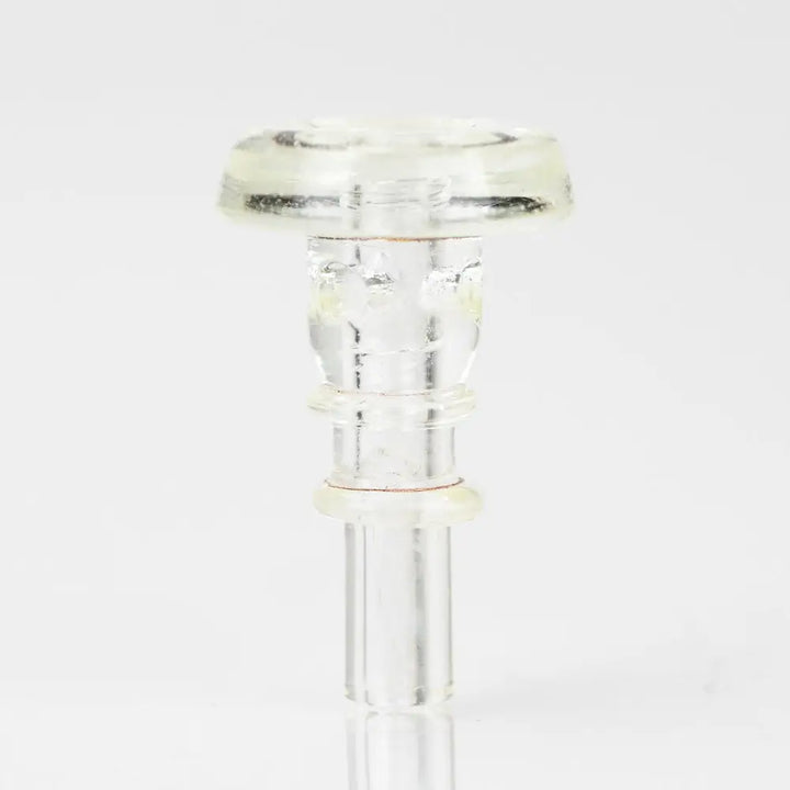 Close-up studio shot of a clear glass accessory with a flat, circular top and a cylindrical stem, designed for a vaporizer.