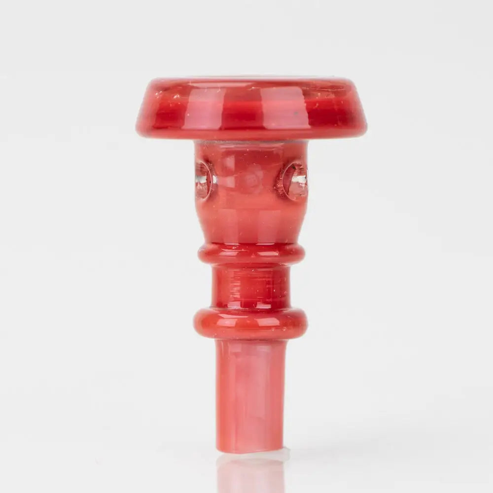 A translucent red glass accessory with a wide, flat top, a cylindrical stem with two raised rings, and a male joint at the bottom. The stem also features two small circular indentations.