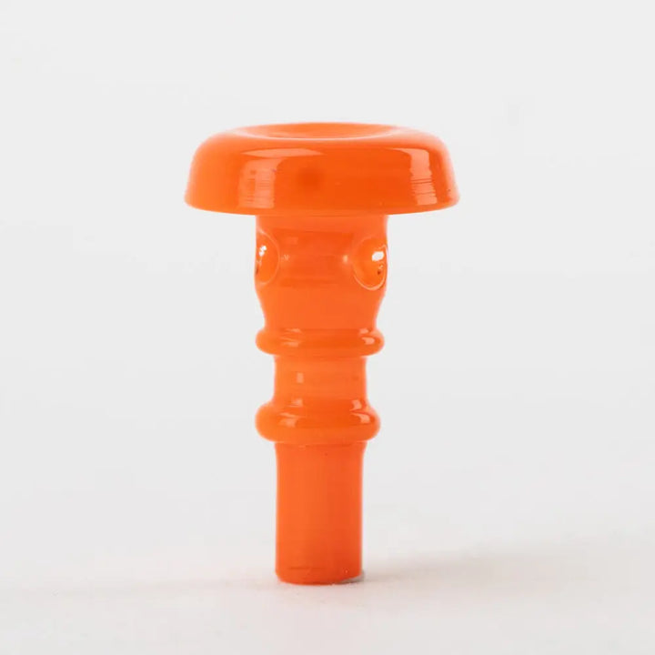 A bright orange, mushroom-shaped glass accessory with a wide cap and a cylindrical stem featuring small indentations, set against a white background.