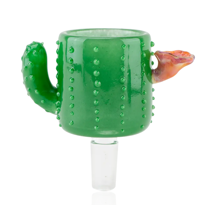 A vibrant green glass attachment shaped like a cactus, featuring raised bumps and a small orange and pink flower detail on one side, with a clear glass male joint at the bottom.